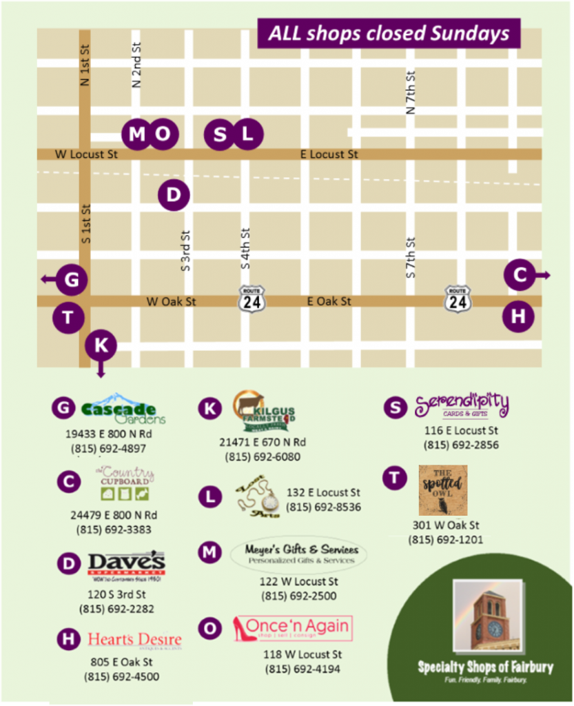 Specialty Shops Map With Logos Fairbury Illinois Attractions